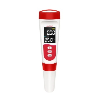 Medidor digital de pH e temperatura branco e vermelho com ecrã digital