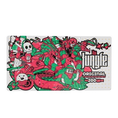 Painel retangular com ilustração colorida de dragões e personagens e texto the jungle ORIGINAL 200W.