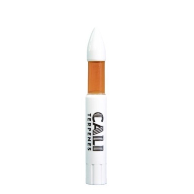 Frasco tipo caneta de vidro e plástico branco com líquido âmbar e texto CANU TERPENES