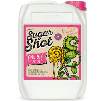 Recipiente branco com tampa rosa e etiqueta colorida com texto Sugar Shot ENERGY PROVIDER