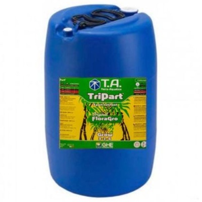 Tambor azul de plástico com rotulo verde e amarelo TA Terra Aquatica Tripart FloraGro