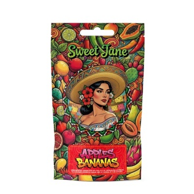 Embalagem colorida com ilustração de mulher e texto Sweet Jane e APPLES BANANAS