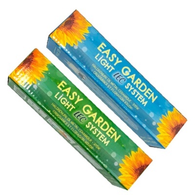 Embalagens de lâmpadas Easy Garden Light LEC System azul e verde com girassóis