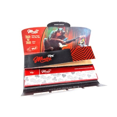 Embalagem de papel para enrolar King Monkey com 32 folhas e 32 filtros, design com macaco a tocar guitarra.