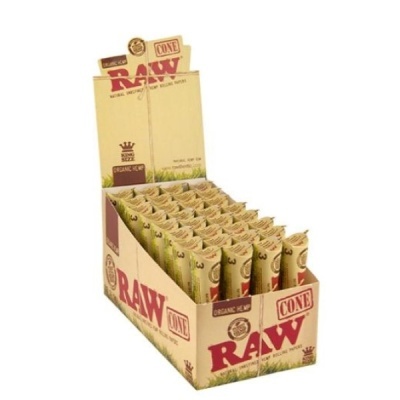 Pacotes de cones RAW em caixa de cartão bege com texto vermelho