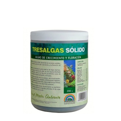 Frasco de plástico com rótulo verde e texto TRESALGAS SÓLIDO