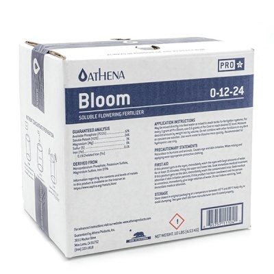 Embalagem de fertilizante solúvel Bloom Athena com texto e instruções em azul e branco.