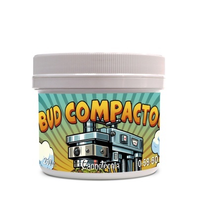 Frasco branco com tampa branca e rótulo colorido com texto BUD COMPACTO, Cannatecnia, 250 gr. e 0-58-60