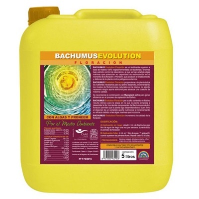 Recipiente amarelo de plástico de 5 litros com fertilizante Bachumus Evolution