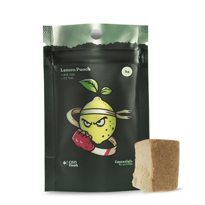 Pack preto de CBD Hash Lemon Punch e bloco castanho claro ao lado