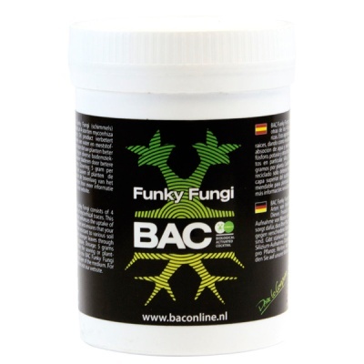 Frasco branco de Funky Fungi BAC com rótulo preto e detalhes gráficos ver e amarelos