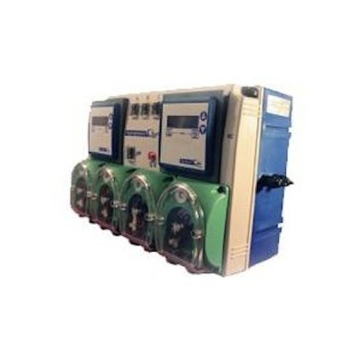 Medidor eletrônico branco azul e verde com mostradores e visor digital