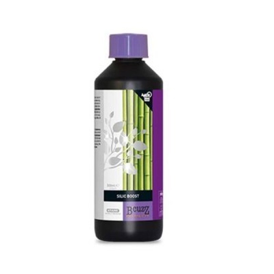 Frasco preto com tampa roxa do produto Bcuzz SILIC BOOST com rótulo branco, roxo e imagem de bambu