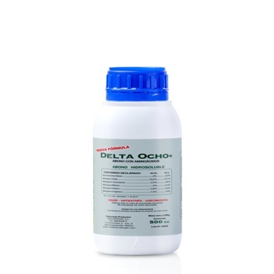 Frasco branco de adubo hidrossolúvel Delta Ocho com tampa azul e rótulo detalhado em espanhol