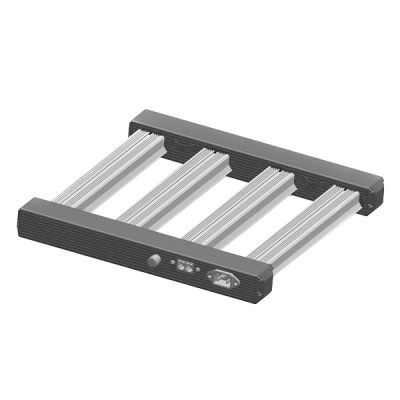 Suporte para garrafas cinzento com quatro divisórias e componentes elétricos na frente