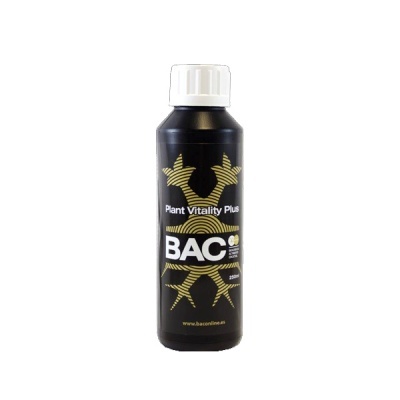 Frasco preto com rótulo BAC Plant Vitality Plus e tampa branca