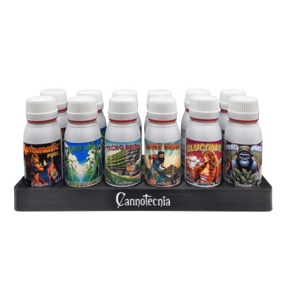 Conjunto de frascos com rótulos coloridos e base preta com logo Cannotecnia
