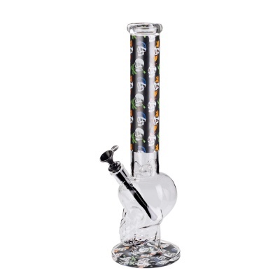 Bong de vidro transparente com decoração de caveiras coloridas