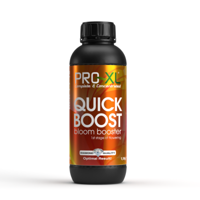 Frasco preto com etiqueta laranja PRO XL Quick Boost bloom booster