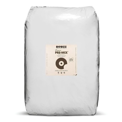 Saco branco de plástico com etiqueta BIOBIZZ PRE-MIX e selo de vegan