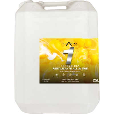 Recipiente branco com etiqueta amarela de fertilizante 25L.