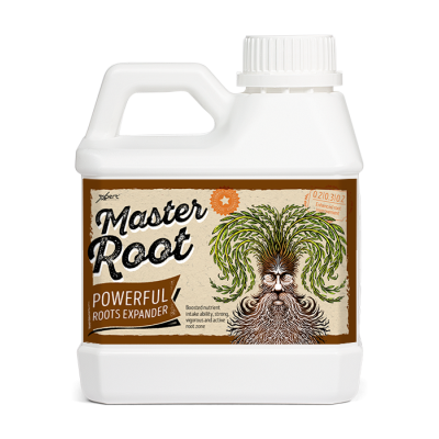Garrafa branca de produto Master Root com rótulo castanho e ilustração distintiva