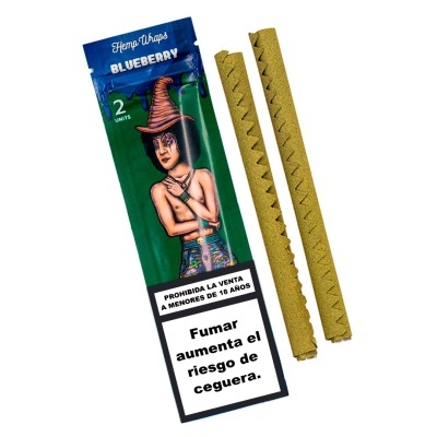 Embalagem azul e verde de Hemp Wraps Blueberry com dois tubos enrolados ao lado