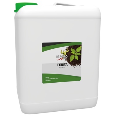 Recipiente branco com fertilizante líquido HY-PRO TERRA e tampa verde