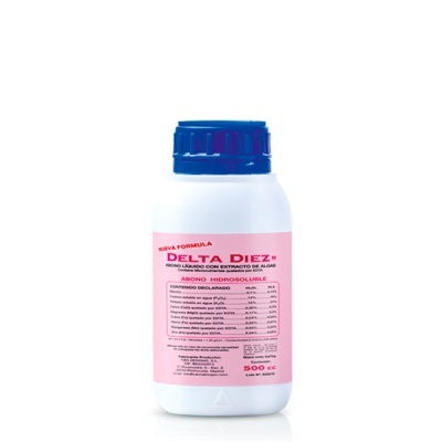 Frasco plástico branco com tampa azul e rótulo rosa com texto DELTA DIEZ