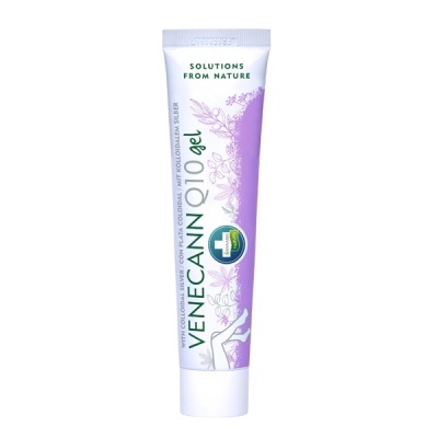 Tubo de creme gel branco e lilás Venecanno Q10 com textos e selo