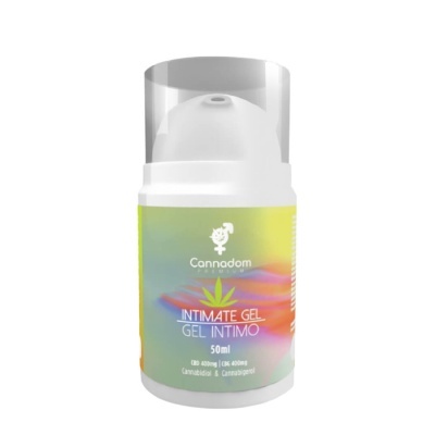 Frasco branco com gel íntimo Cannadom 50ml com rótulo colorido
