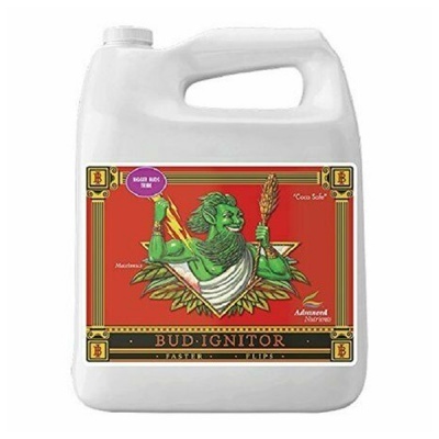 Frasco de plástico branco com rótulo vermelho BUD·IGNITOR e ilustração verde