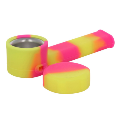 Cachimbo de silicone amarelo e rosa neon com interior metálico e tampa destacada