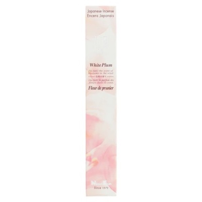 Embalagem fina de incenso japonês White Plum com design floral rosa e texto em inglês e francês.