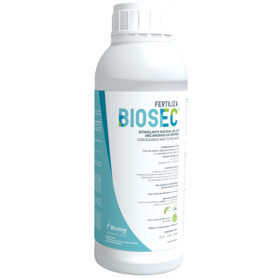 Frasco branco com rótulo azul e branco de fertilizante Biosec