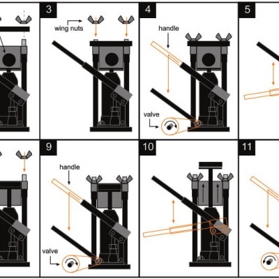 Instruções ilustradas de uso de uma ferramenta manual com alavanca e pregos de asa