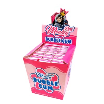 Caixa rosa King Monkey Bubble Gum com macaco de coroa e várias caixas pequenas