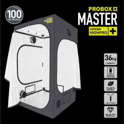 Tenda de cultivo preta e branca PROBOX MASTER GARDEN HIGHPRO com estrutura e características indicadas