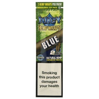 Embalagem azul de papel para enrolar Juicy Hemp Wraps com aviso de saúde