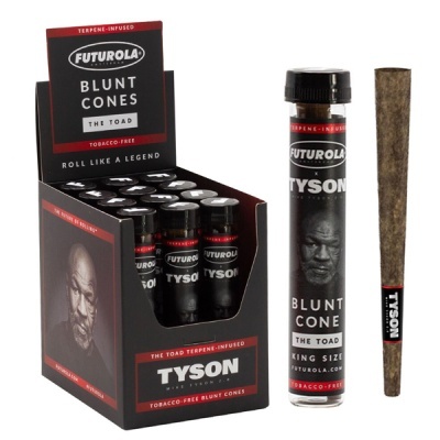 Expositor com frascos Futurola x Tyson blunt cones, blunt enrolado e embalagem preta com rosto de Mike Tyson