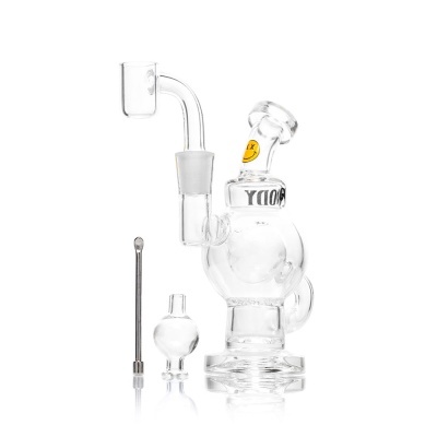 Vaporizador de vidro transparente com etiqueta amarela e texto MOODY