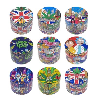 Nove caixas redondas coloridas com temas Rick and Morty e Londres