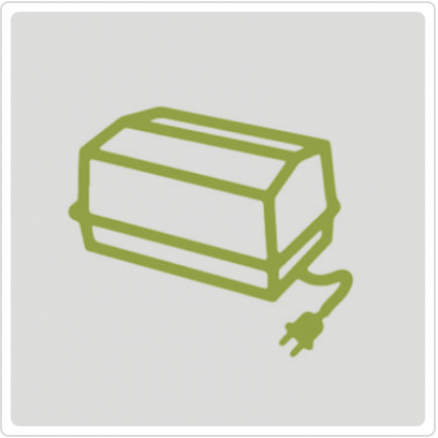 Ícone de aparelho elétrico verde com cabo e ficha de tomada em fundo cinzento