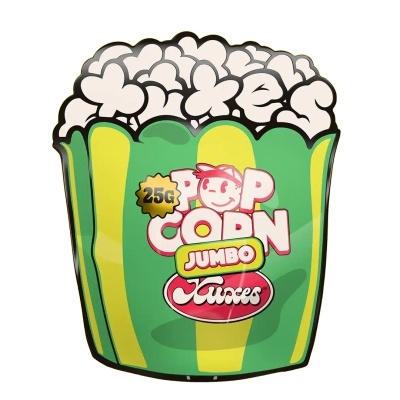 Embalagem de pipocas verde e amarela com texto POP CORN JUMBO Quixxes