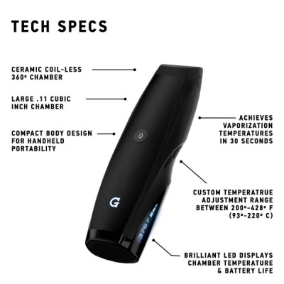 Vaporizador portátil preto com display LED azul e especificações técnicas em inglês ao redor