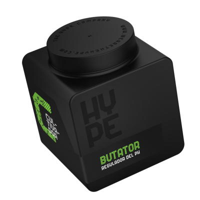 Frasco preto quadrado com texto HYPE e BUTATOR regulador de pH em verde e branco