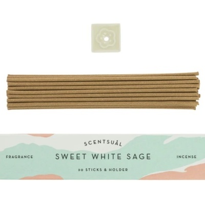 Conjunto de incenso com 30 varetas castanhas, suporte branco e embalagem colorida