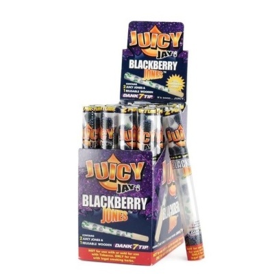 Embalagem Juicy Jays Blackberry Jones roxa com tubos individuais expostos