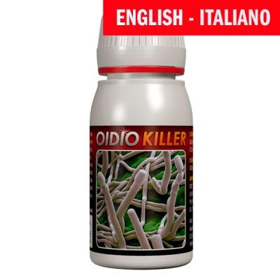 Frasco branco com rótulo OIDIO KILLER e imagem de fungos