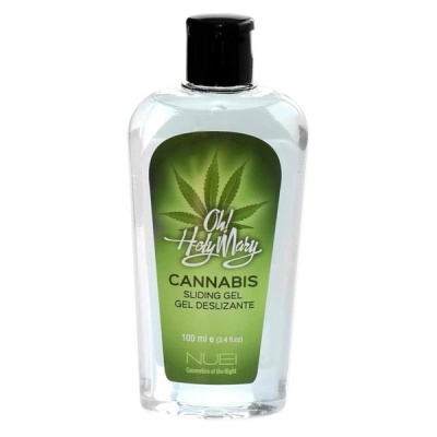 Frasco de gel deslizante cannabis Oh! Holy Mary com rótulo verde e folha de cannabis